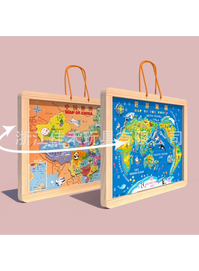 China Map World Map Magnetic Puzzle Children's Geographical Cognition Early Education Educational Wooden Toys Outlet-Color:2-in -1 Magnetic Puzzle-Map - Image 1